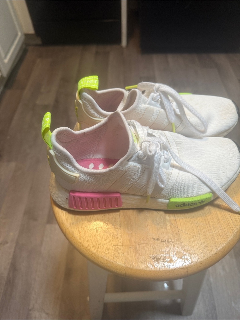 adidas Kids White Sneakers with Pink & Neon Yellow Accents